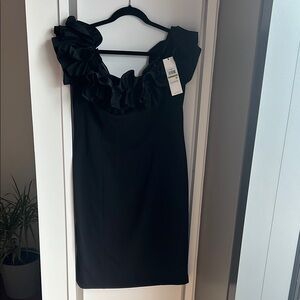 Calvin Klein Black Off the Shoulder Ruffled Sheath Dress